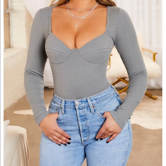 Oh Polly Tops - Grey ribbed bodysuit